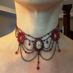 Vintage Crimson Beaded Choker Necklace